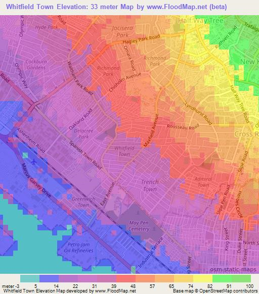 Whitfield Town,Jamaica Elevation Map