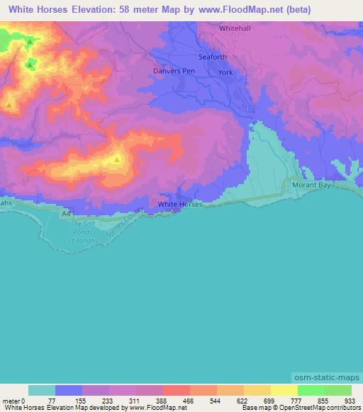 White Horses,Jamaica Elevation Map