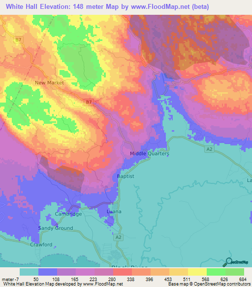 White Hall,Jamaica Elevation Map