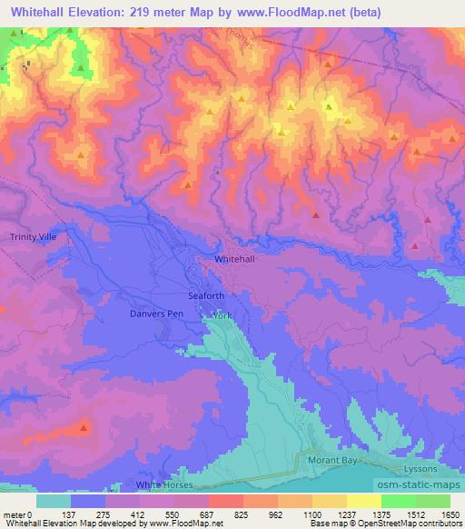 Whitehall,Jamaica Elevation Map