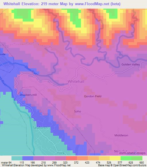 Whitehall,Jamaica Elevation Map