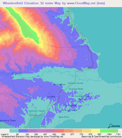 Wheelersfield,Jamaica Elevation Map