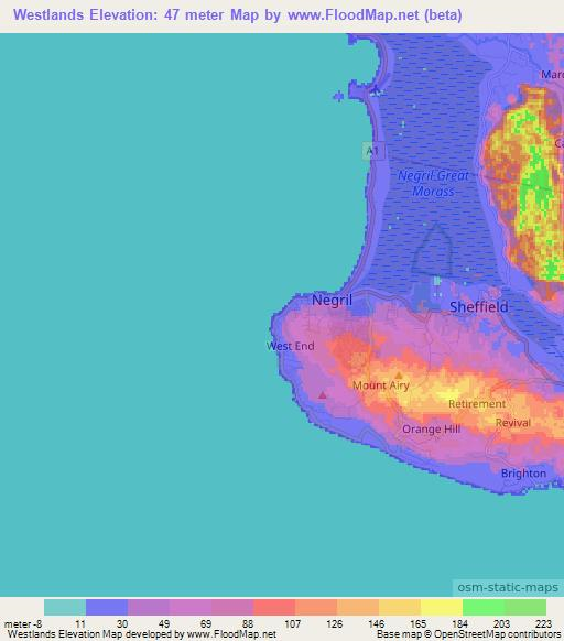 Westlands,Jamaica Elevation Map