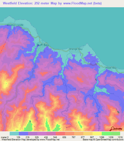 Westfield,Jamaica Elevation Map