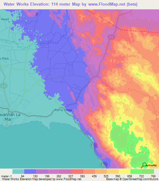 Water Works,Jamaica Elevation Map