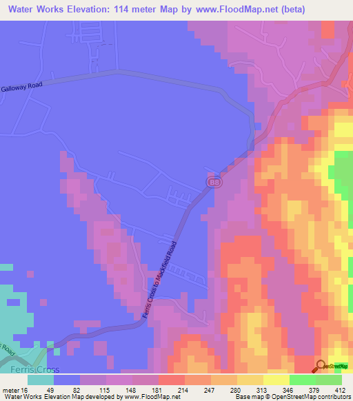 Water Works,Jamaica Elevation Map