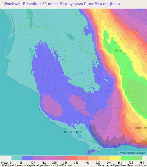 Watchwell,Jamaica Elevation Map