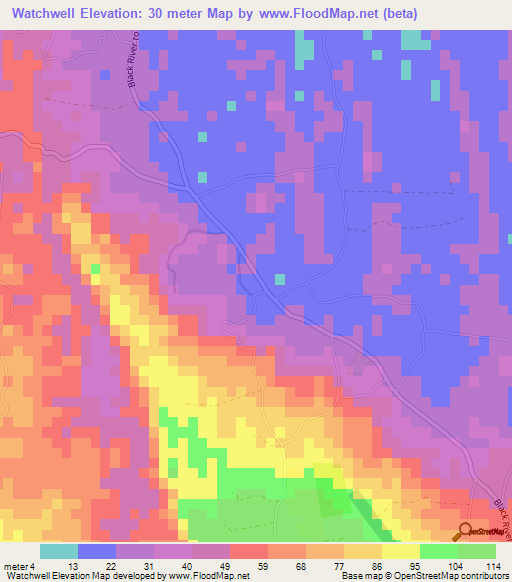 Watchwell,Jamaica Elevation Map