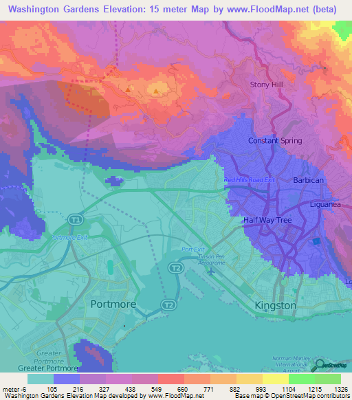 Washington Gardens,Jamaica Elevation Map