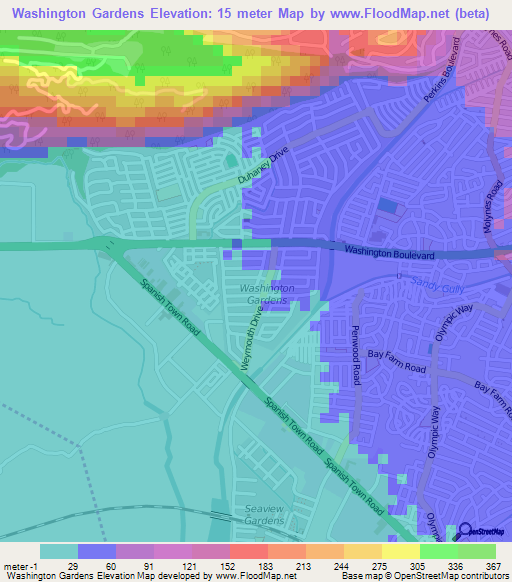 Washington Gardens,Jamaica Elevation Map