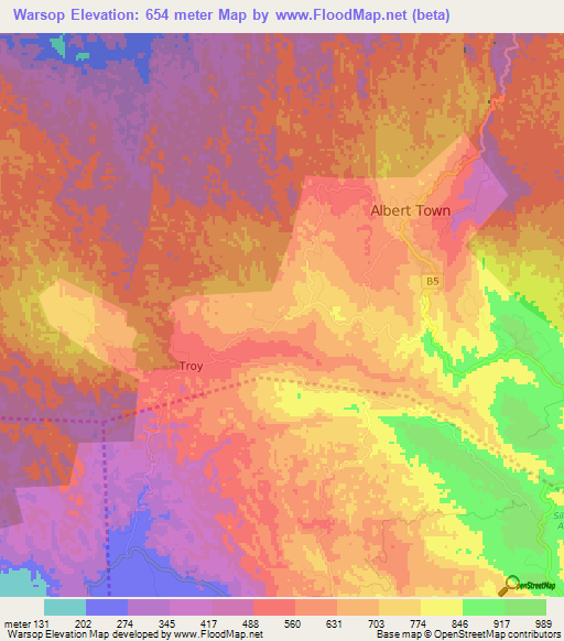 Warsop,Jamaica Elevation Map