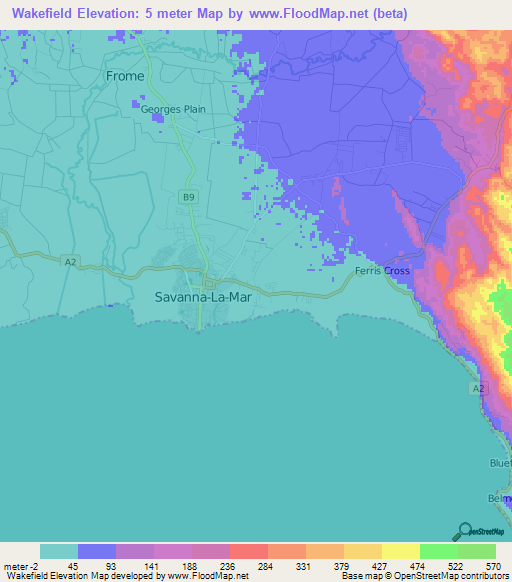 Wakefield,Jamaica Elevation Map