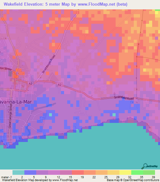 Wakefield,Jamaica Elevation Map