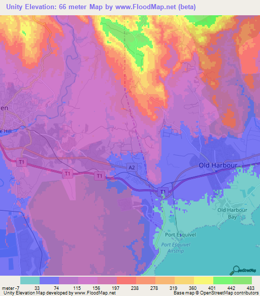 Unity,Jamaica Elevation Map