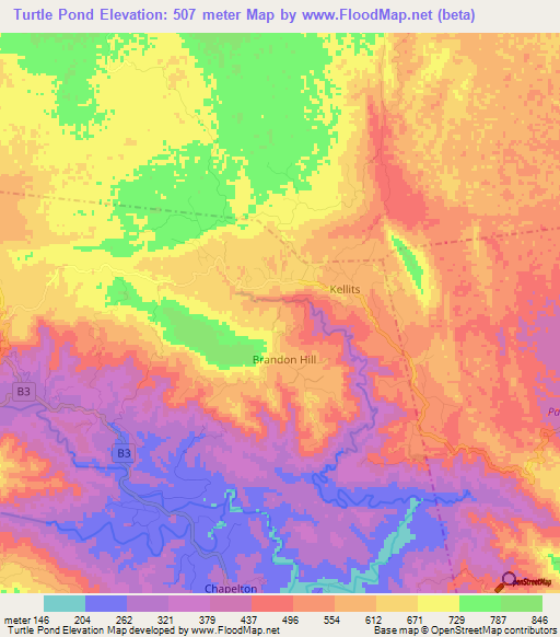 Turtle Pond,Jamaica Elevation Map