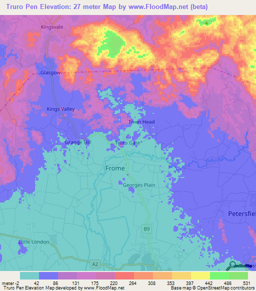 Truro Pen,Jamaica Elevation Map