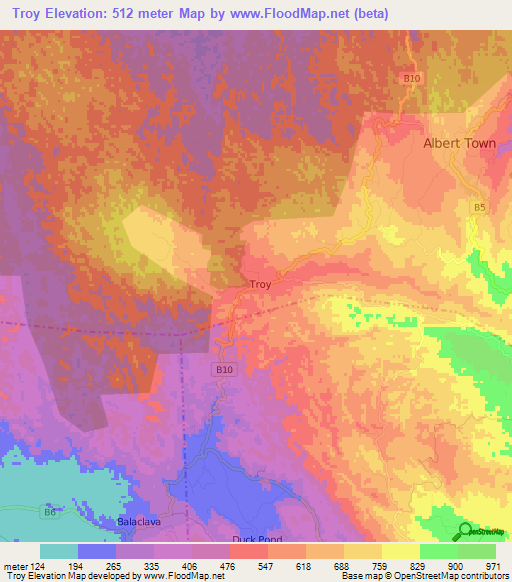 Troy,Jamaica Elevation Map