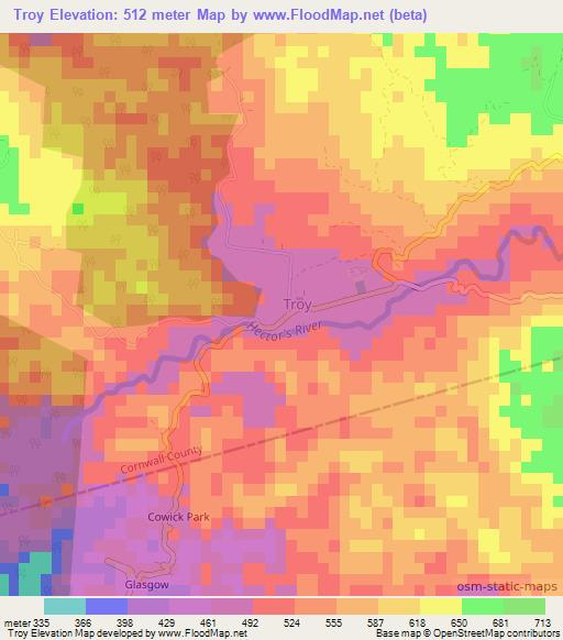 Troy,Jamaica Elevation Map