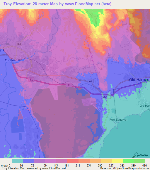 Troy,Jamaica Elevation Map