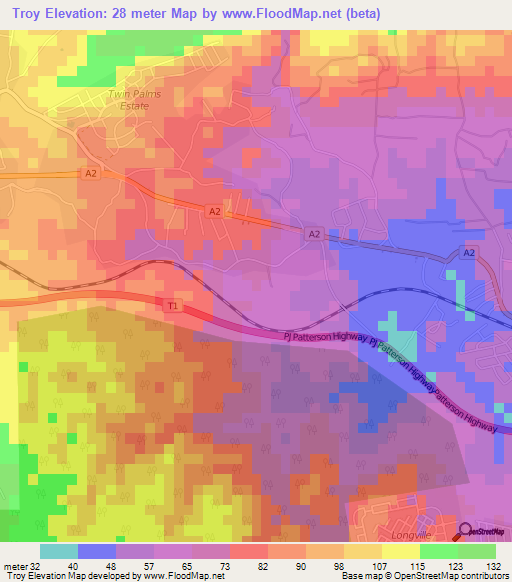 Troy,Jamaica Elevation Map