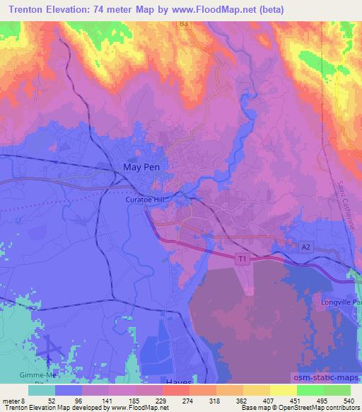 Trenton,Jamaica Elevation Map