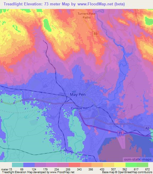 Treadlight,Jamaica Elevation Map