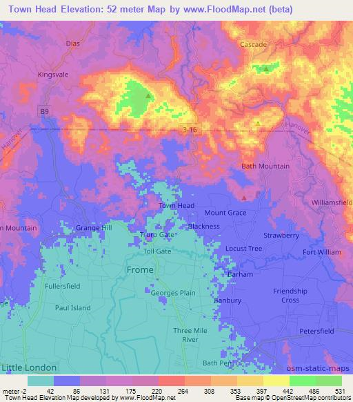 Town Head,Jamaica Elevation Map
