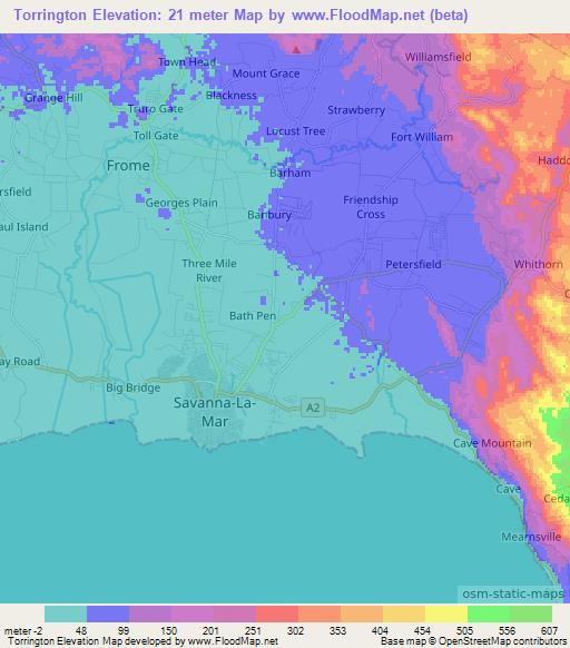 Torrington,Jamaica Elevation Map