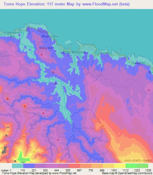 Toms Hope,Jamaica Elevation Map