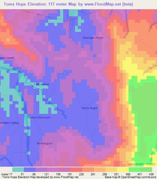 Toms Hope,Jamaica Elevation Map