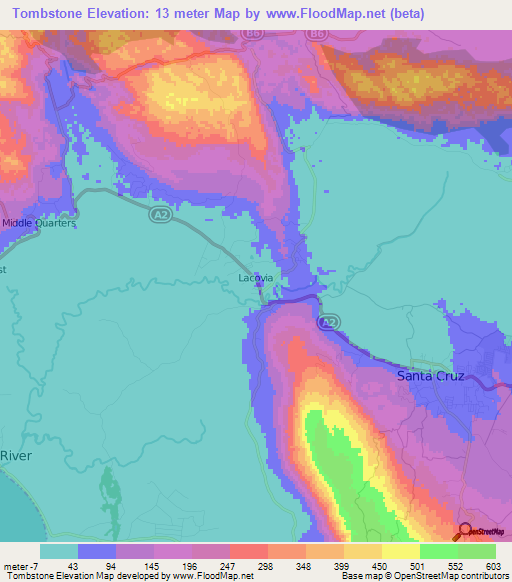 Tombstone,Jamaica Elevation Map