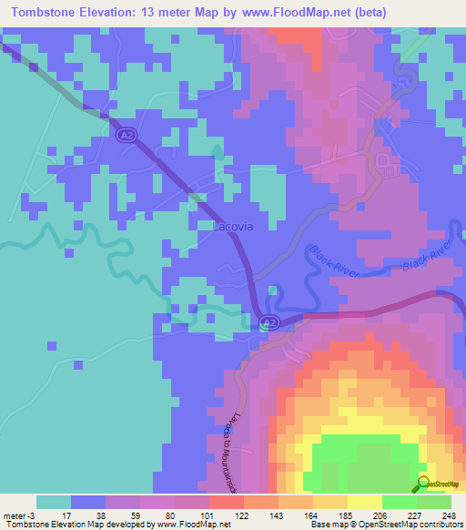 Tombstone,Jamaica Elevation Map