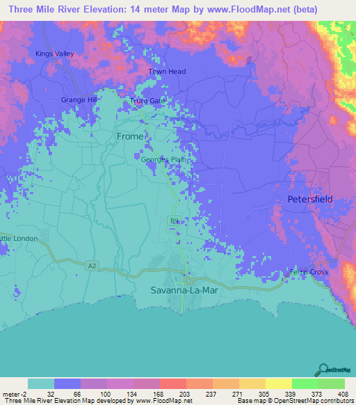 Three Mile River,Jamaica Elevation Map