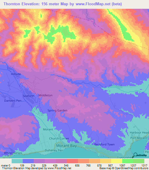 Thornton,Jamaica Elevation Map