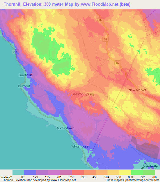 Thornhill,Jamaica Elevation Map