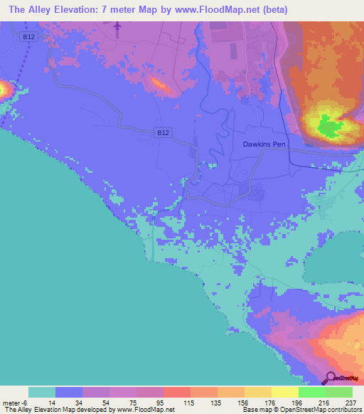 The Alley,Jamaica Elevation Map