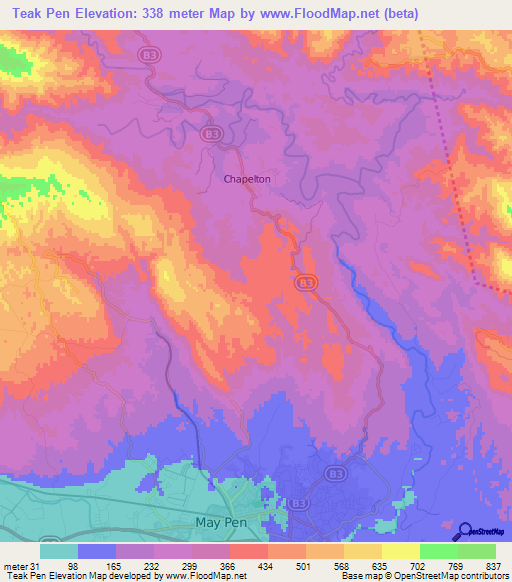 Teak Pen,Jamaica Elevation Map