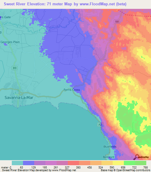 Sweet River,Jamaica Elevation Map