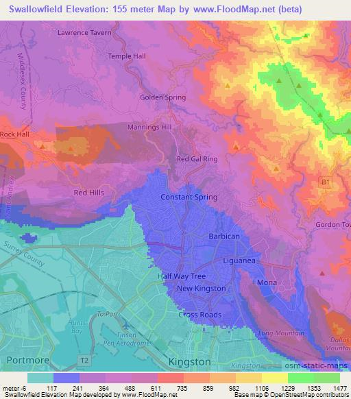 Swallowfield,Jamaica Elevation Map
