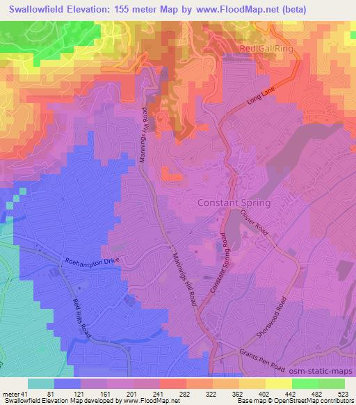 Swallowfield,Jamaica Elevation Map