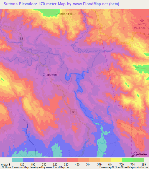 Suttons,Jamaica Elevation Map