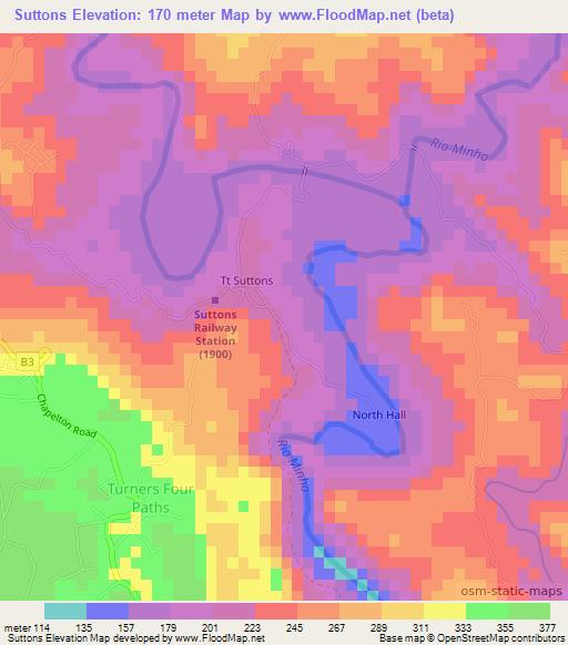 Suttons,Jamaica Elevation Map