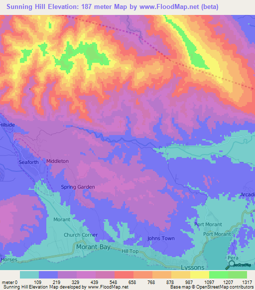 Sunning Hill,Jamaica Elevation Map