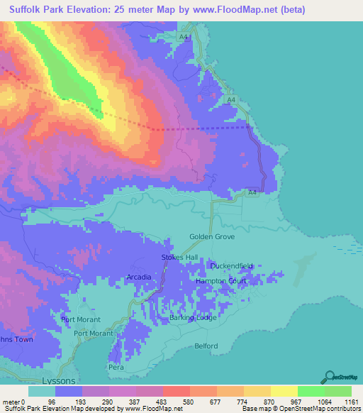 Suffolk Park,Jamaica Elevation Map