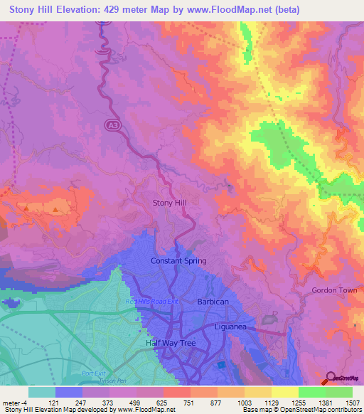 Stony Hill,Jamaica Elevation Map