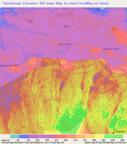 Stonehenge,Jamaica Elevation Map