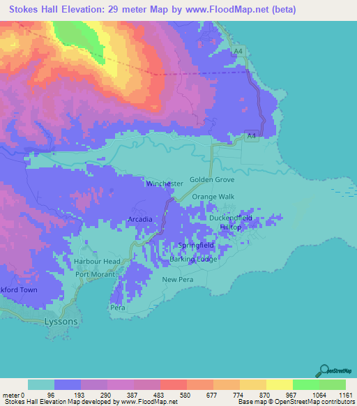 Stokes Hall,Jamaica Elevation Map