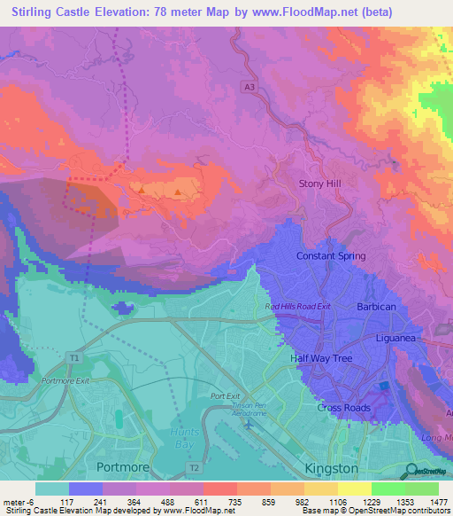 Stirling Castle,Jamaica Elevation Map
