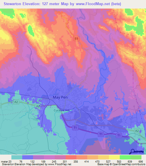 Stewarton,Jamaica Elevation Map