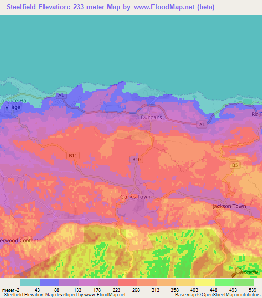 Steelfield,Jamaica Elevation Map